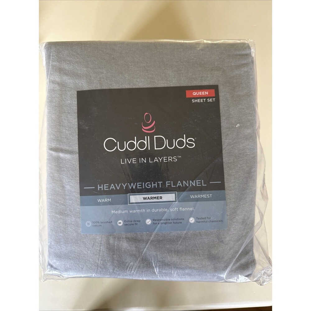 Cuddl Duds Heavyweight Flannel Queen 100% Brushed Cotton Sheet Set Gray Heather